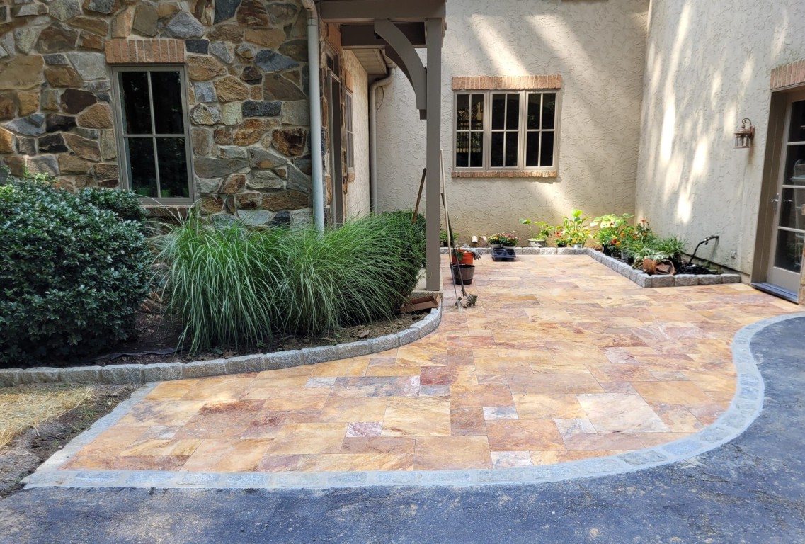 Professional masonry work showcasing custom stone patio installation in Vallejo, CA
